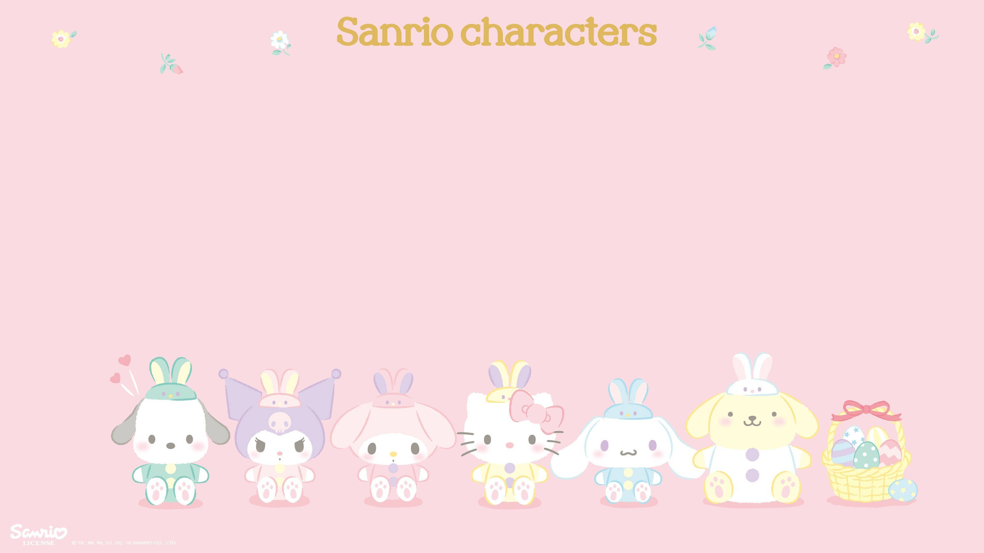 Cute Sanrio 桌布 壁紙 — 六個Sanrio角色穿著粉彩復活節服裝，坐在帶有花卉裝飾的柔和粉紅色背景上排成一排。