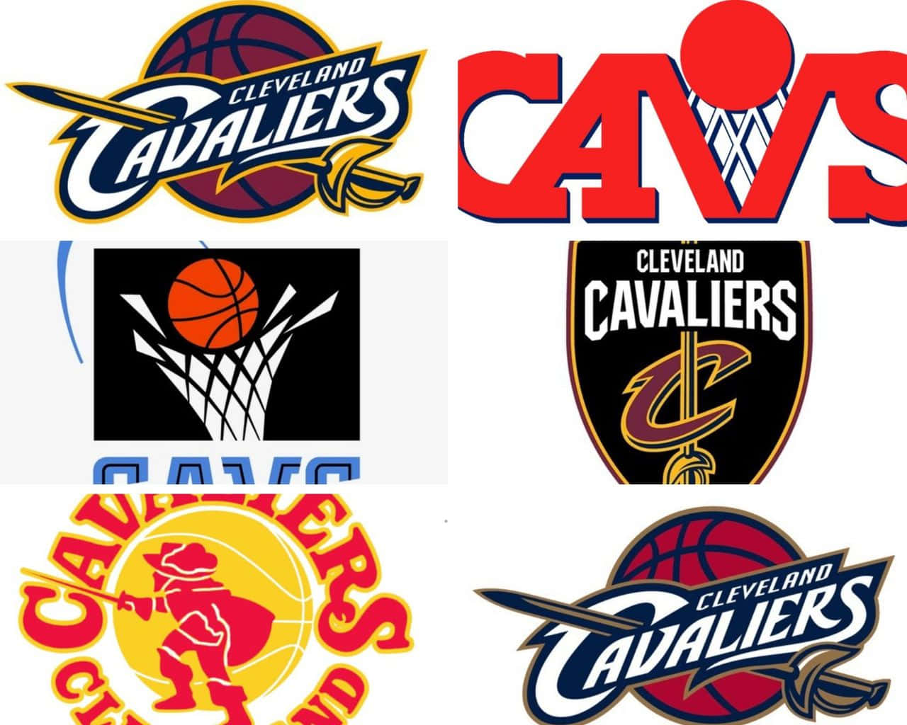 NBA Teams 桌布 壁紙 — 六個不同克里夫蘭騎士隊籃球隊標誌的拼貼畫，展示多樣的設計和配色方案。