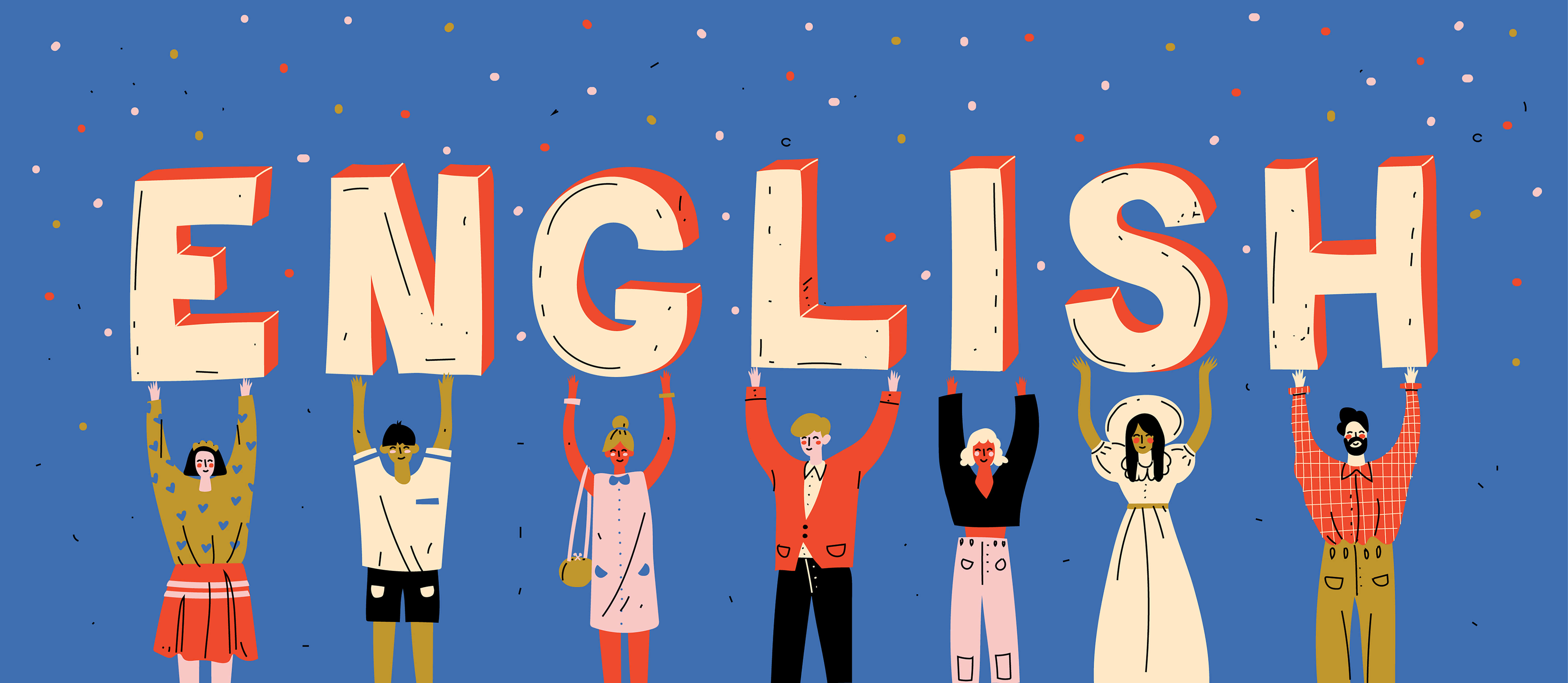English 桌布 壁紙 — 六個不同插圖人物舉起大型方塊字母拼出ENGLISH，背景為藍色，並有彩色紙屑。