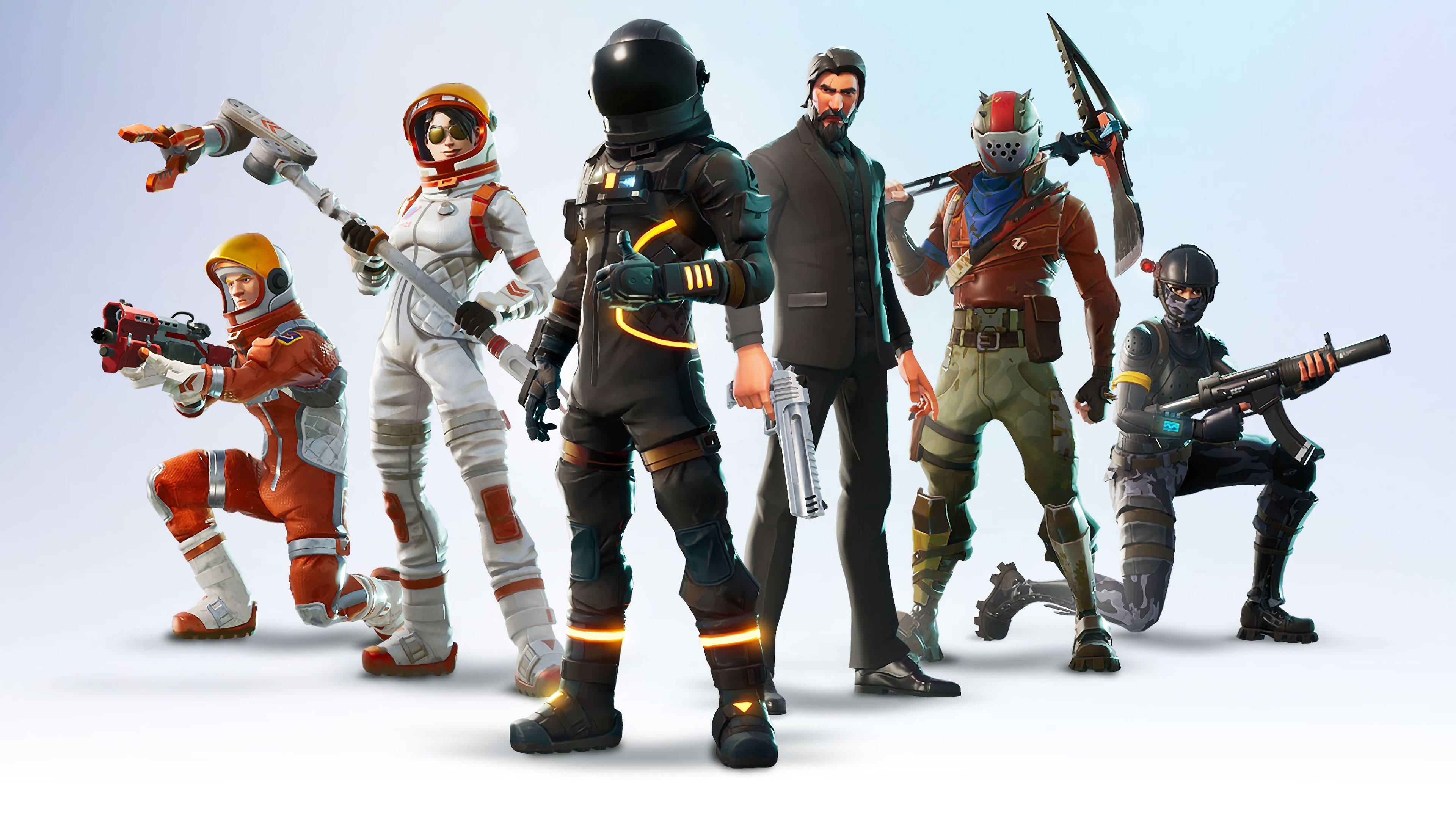 Fortnite 桌布 壁紙 — 六個不同的 Fortnite 角色穿著戰鬥裝備，在純色淺色背景上動態擺姿勢。
