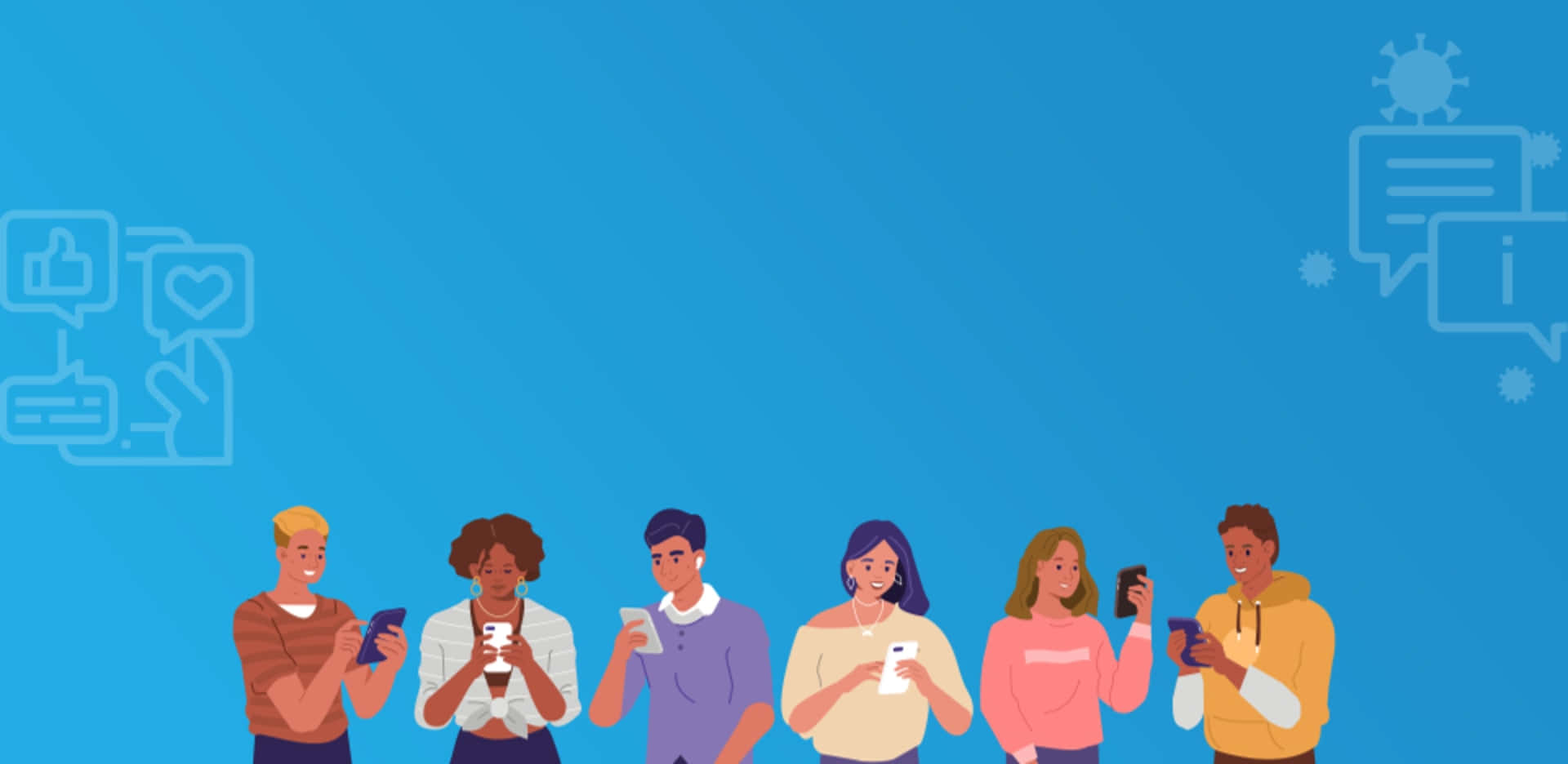 Social Media 桌布 壁紙 — 六個不同背景的人排成一排，站在藍色背景前，每個人都專注於自己的智慧型手機，周圍環繞著社交媒體圖示和病毒符號。