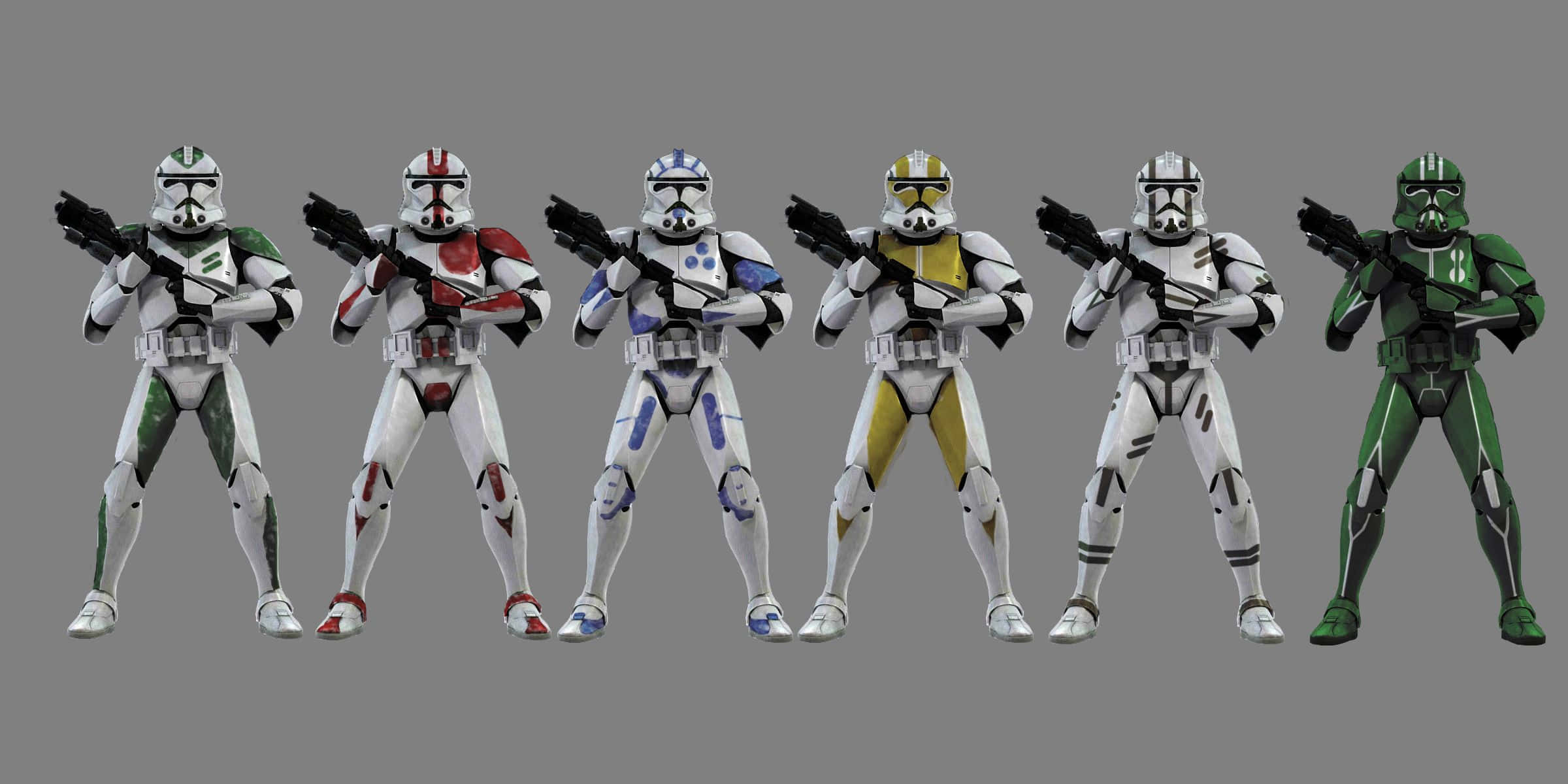 Star Wars Clone Troopers 桌布 壁紙 — 六個不同顏色的盔甲複製人士兵模型以戰鬥姿勢站在純灰色背景前。