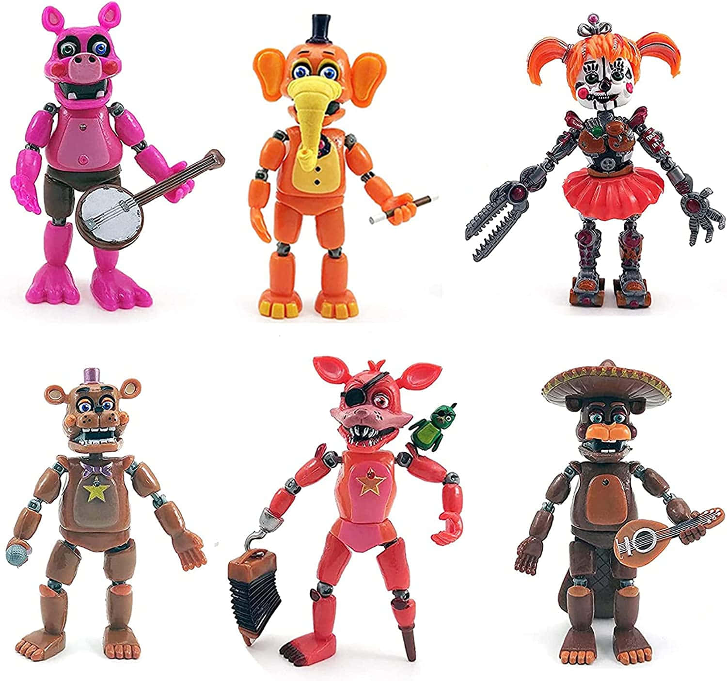 Five Nights At Freddys 桌布 壁紙 — 六個來自《Five Nights at Freddy's》的彩色電子玩具公仔，在純白色背景前擺出姿勢。