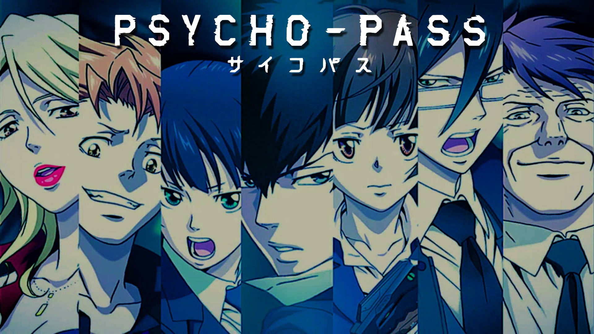 psycho 桌布 壁紙 — 六個來自《Psycho-Pass》的動畫角色站在垂直面板中，位於節目標題下方，表情強烈，帶有冷藍色燈光。