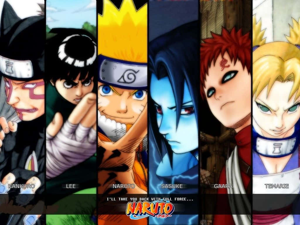 Kankuro 桌布 壁紙 — 六個來自《火影忍者》的動漫角色以垂直排列站立，表情強烈，戴著獨特的忍者頭帶。