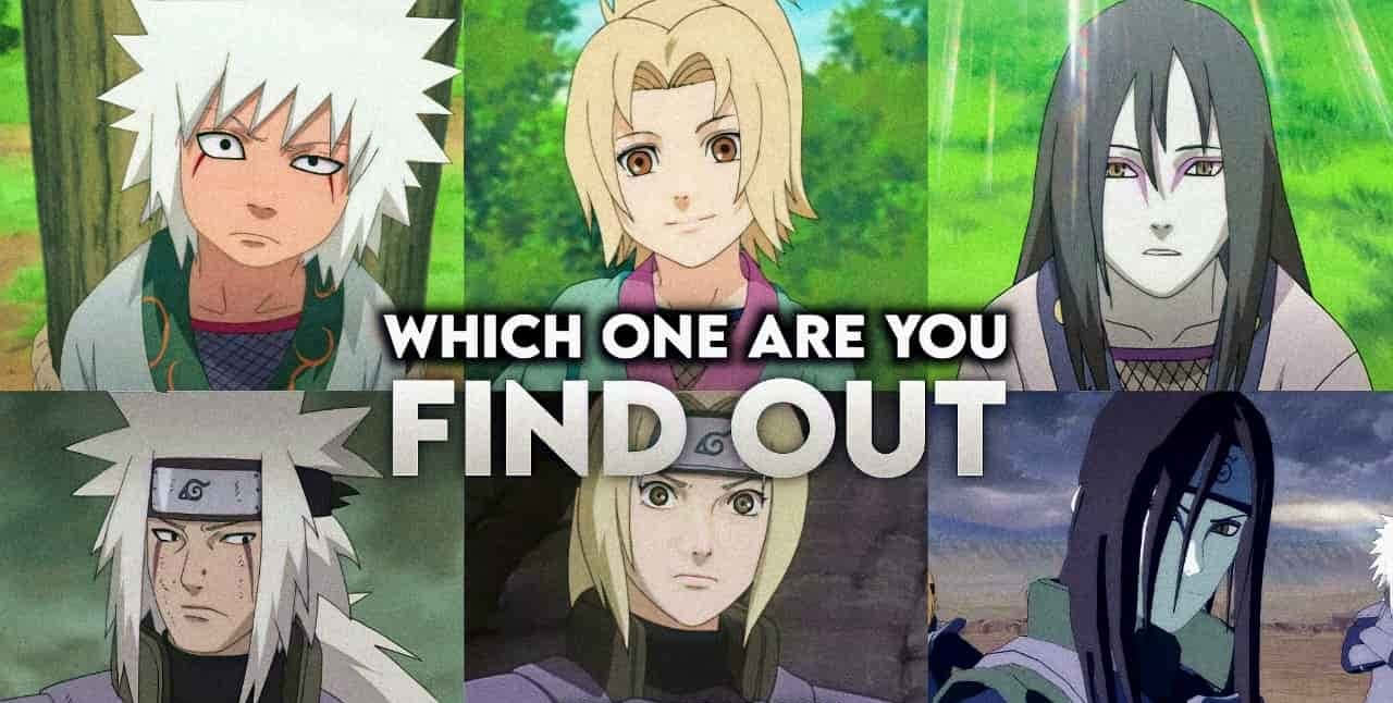 Legendary Sannin 桌布 壁紙 — 六個來自《火影忍者》的動漫角色以拼貼方式擺姿勢，並以粗體文字要求觀眾識別自己。