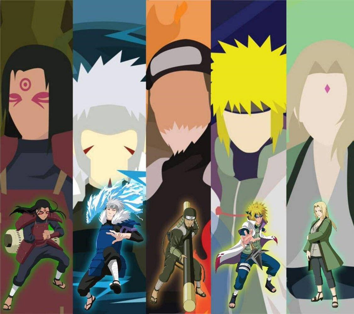 minato namikaze 桌布 壁紙 — 六個來自《火影忍者》的風格化動漫角色站在垂直面板中，每個都有獨特的配色方案和查克拉效果。