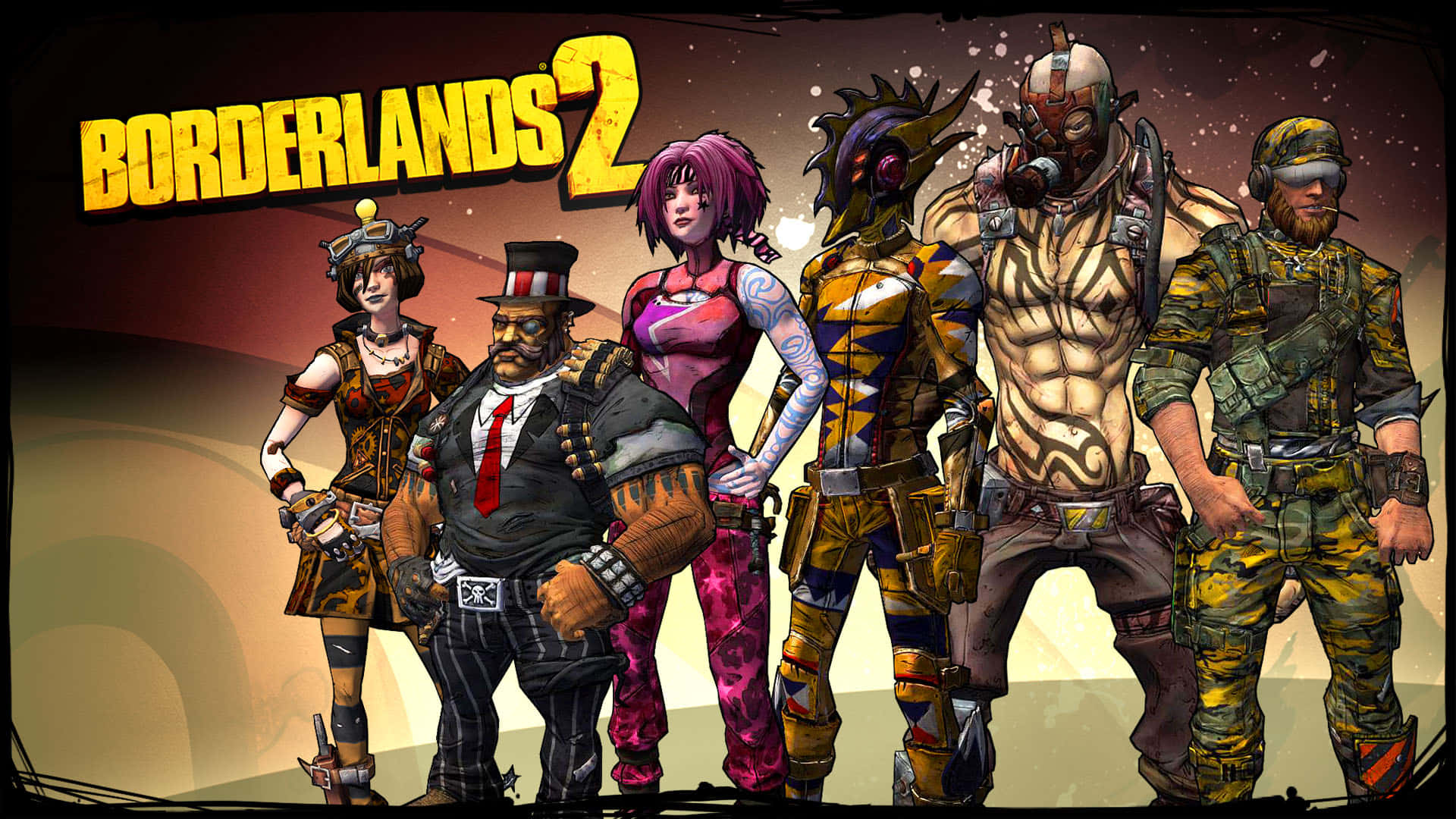 Borderlands 桌布 壁紙 — 六個來自《邊緣禁地2》的風格化電子遊戲角色，自信地站在漸變背景前，帶有粗體標題文字。