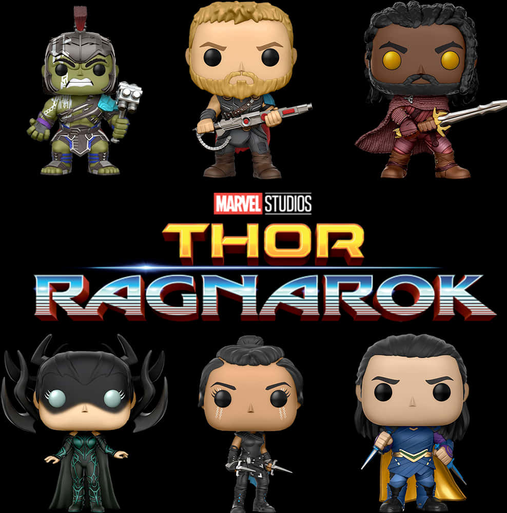 復仇者聯盟 桌布 壁紙 — 六個來自《雷神索爾3：諸神黃昏》的Funko Pop公仔站在黑色背景前，電影標題在下方發光。