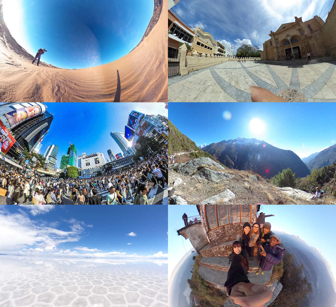 Blue Sky 桌布 壁紙 — 六個充滿活力的場景的魚眼拼貼：沙漠沙丘、歷史廣場、繁華城市、山景、鹽灘和懸崖邊的團體自拍。