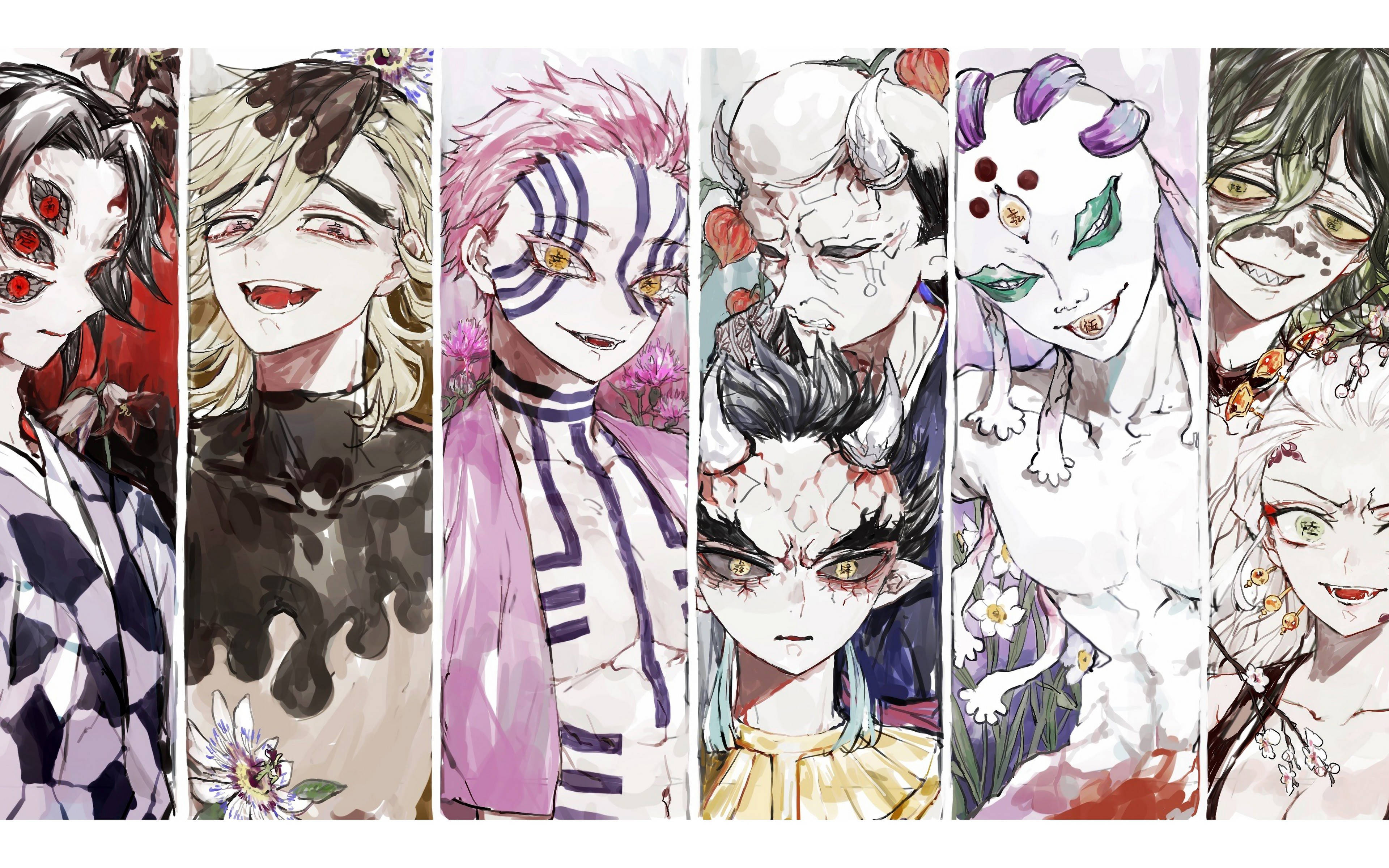 動漫惡魔 桌布 壁紙 — 六個具有獨特惡魔特徵和鮮豔色彩組合的動漫角色，在花卉和抽象背景前垂直排列。
