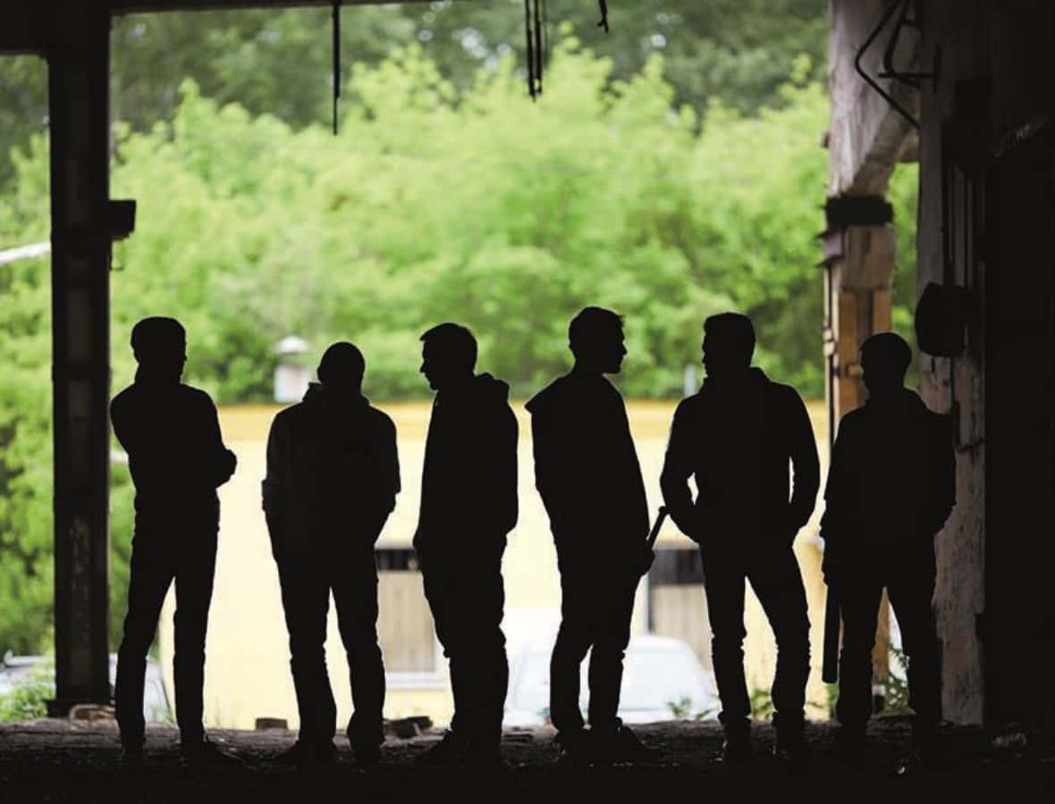 Gang 桌布 壁紙 — 六個剪影男子在昏暗建築物內站成一排，外面明亮的綠色樹葉形成框架。