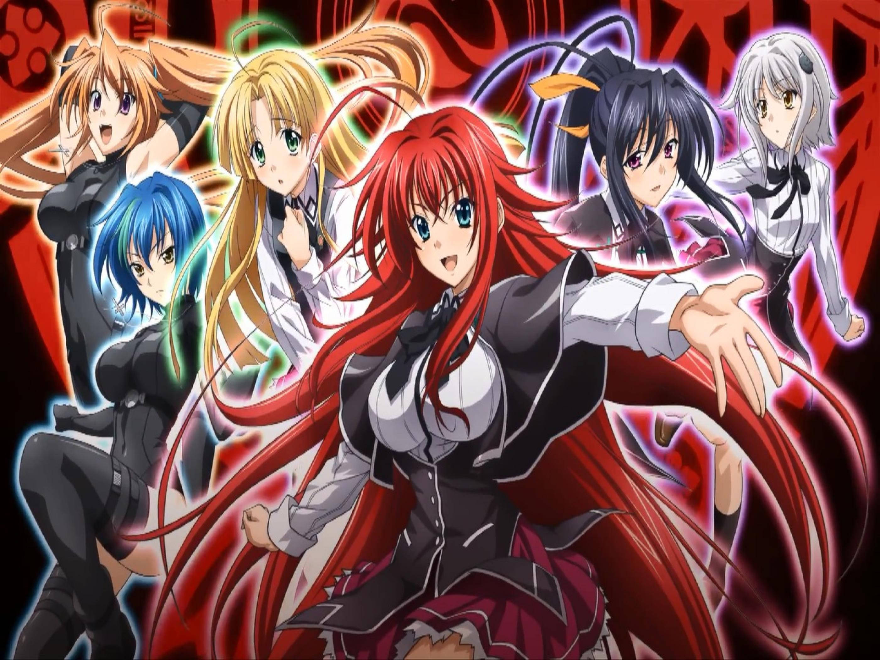 High School Dxd 桌布 壁紙 — 六個動漫女孩以動態姿勢展現，帶有發光能量效果，背景是火紅色的。