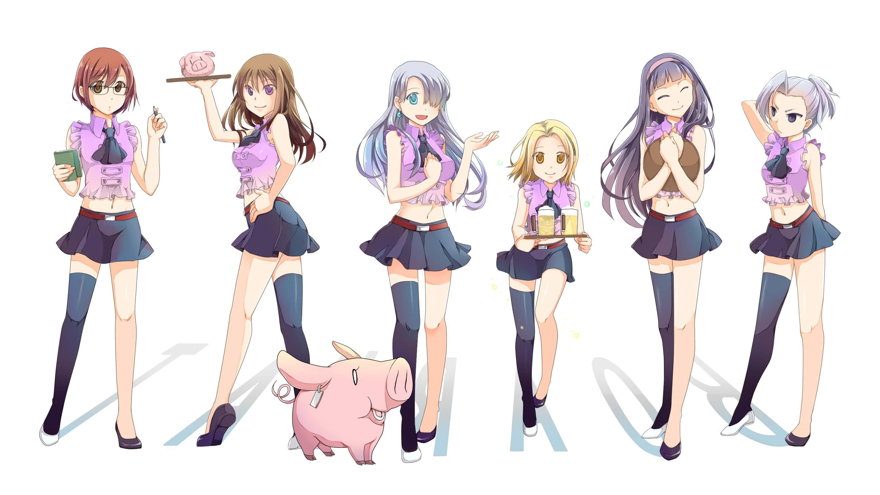 Seven Deadly Sins Elizabeth Liones 桌布 壁紙 — 六個動漫女孩穿著相配的紫色上衣和裙子，拿著粉紅色小豬撲滿和飲料，在純白色背景前擺姿勢。