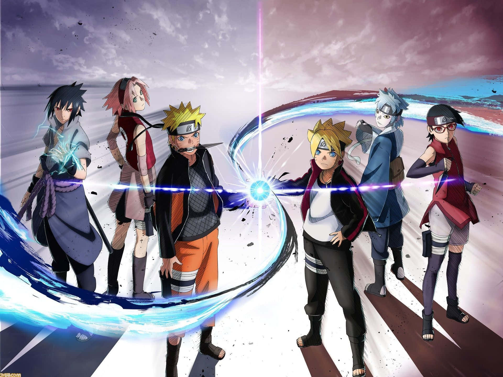 Naruto Group 桌布 壁紙 — 六個動漫忍者角色以動態姿勢站立，藍色發光查克拉能量在他們之間旋轉，背景是暴風雨的天空。