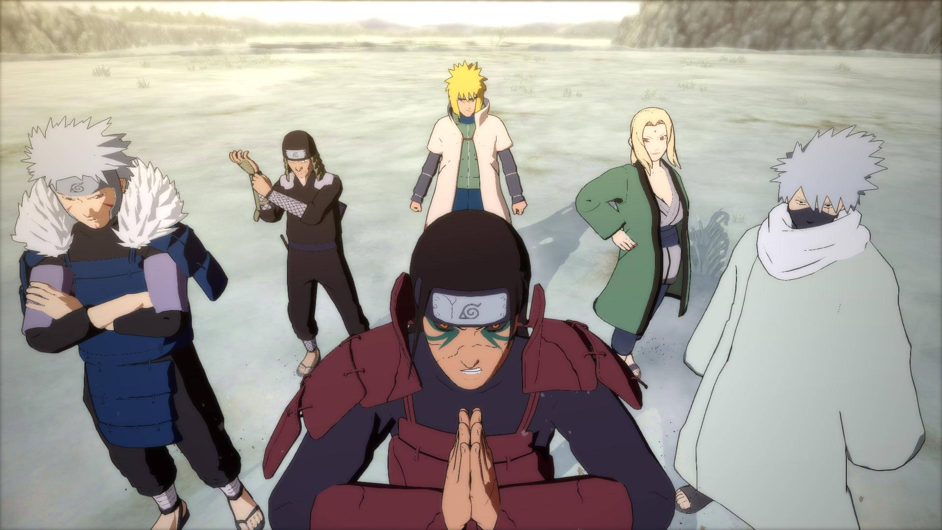 minato namikaze 桌布 壁紙 — 六個動漫忍者角色站在雪地中，表情堅定，身穿傳統服飾。