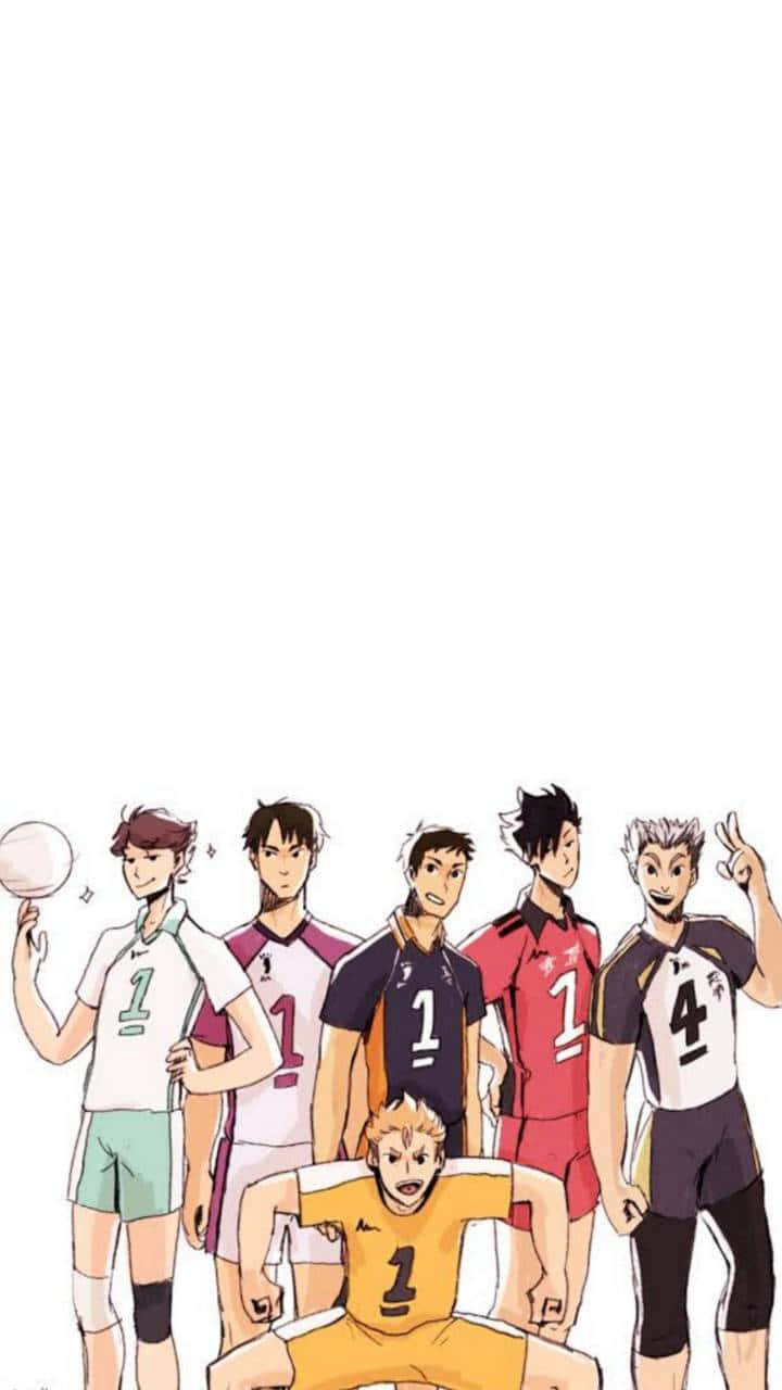 Haikyuu Nekoma 桌布 壁紙 — 六個動漫排球運動員穿著隊服，在純白色背景前自信地擺姿勢，其中一個跪在前方中央。