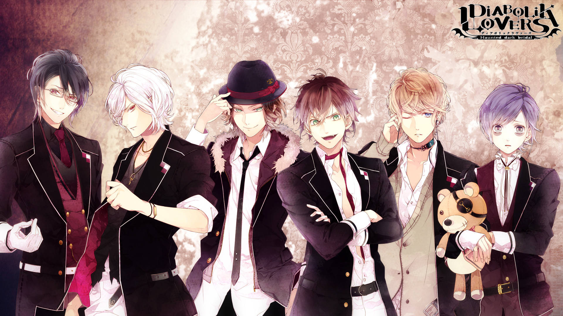 Diabolik Lovers 桌布 壁紙 — 六個動漫男人穿著時尚黑色西裝，在復古花卉壁紙背景前自信地擺姿勢。