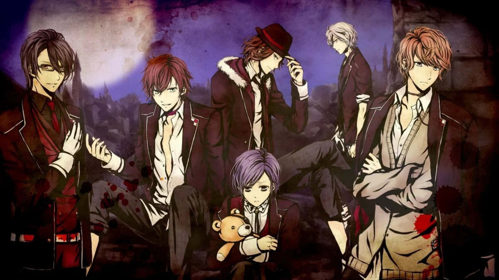 Diabolik Lovers 桌布 壁紙 — 六個動漫男子身穿深色西裝，在血跡斑斑的月亮下戲劇性地擺姿勢，一個小孩抱著泰迪熊。