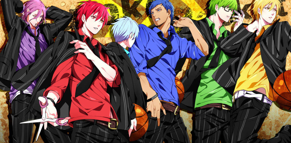Kuroko 桌布 壁紙 — 六個動漫籃球運動員穿著色彩繽紛的襯衫和黑色外套，在紋理背景前自信地擺姿勢。