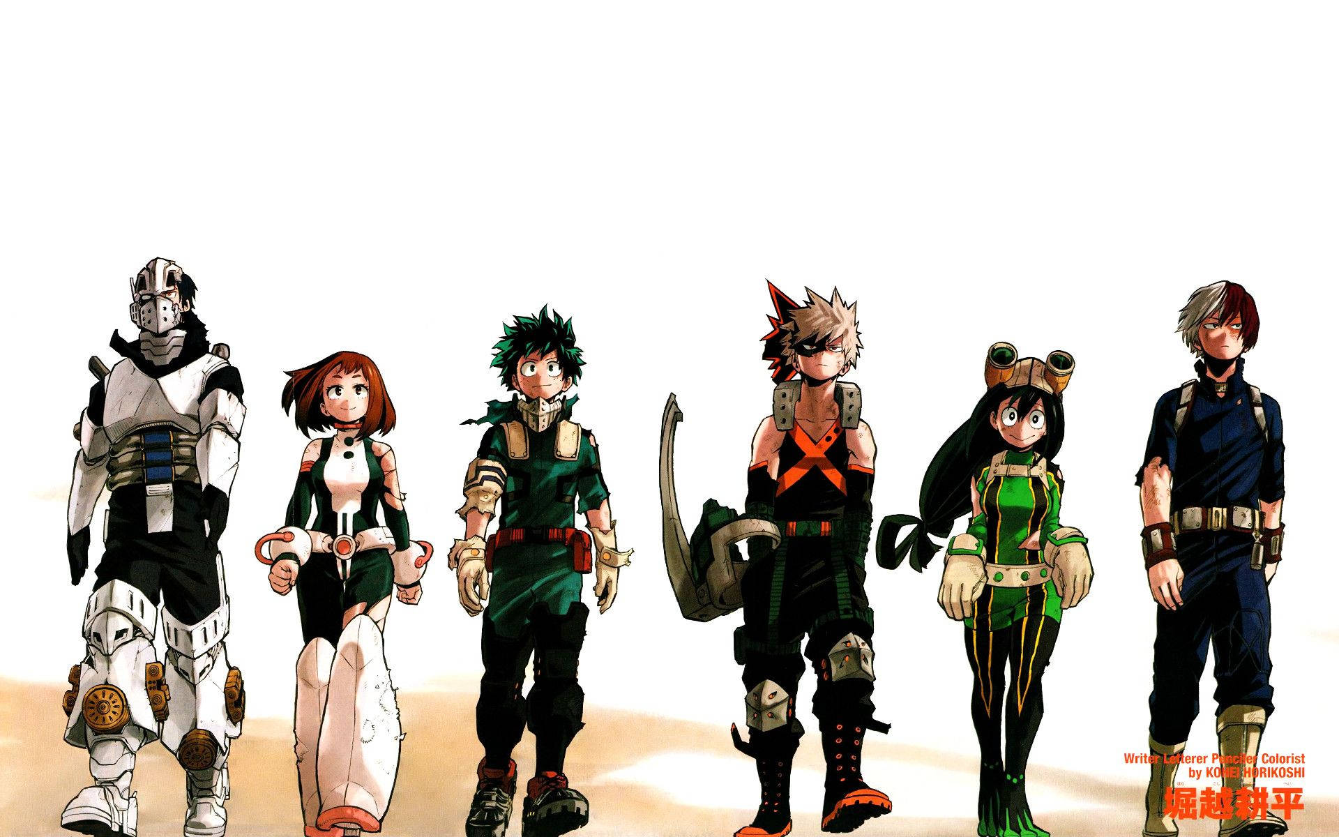 Bnha 桌布 壁紙 — 六個動漫英雄穿著精細的服裝，自信地站在純白色背景前，地板是溫暖的沙色。