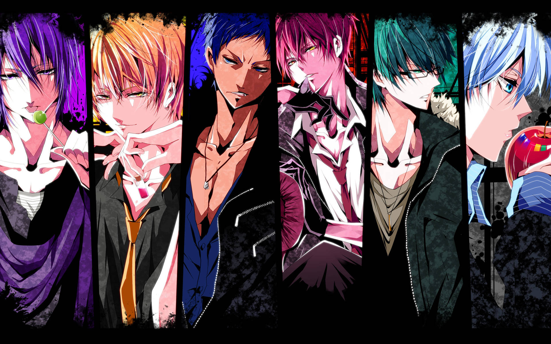 Kuroko 桌布 壁紙 — 六個動漫角色，擁有鮮豔的髮色和強烈的表情，站在垂直面板中，背景為深色。