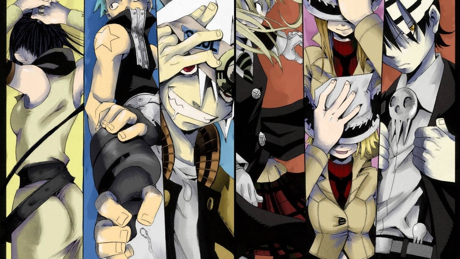 Soul Eater 桌布 壁紙 — 六個動漫角色以動態姿勢呈現，線條大膽，色彩鮮明，背景分段。