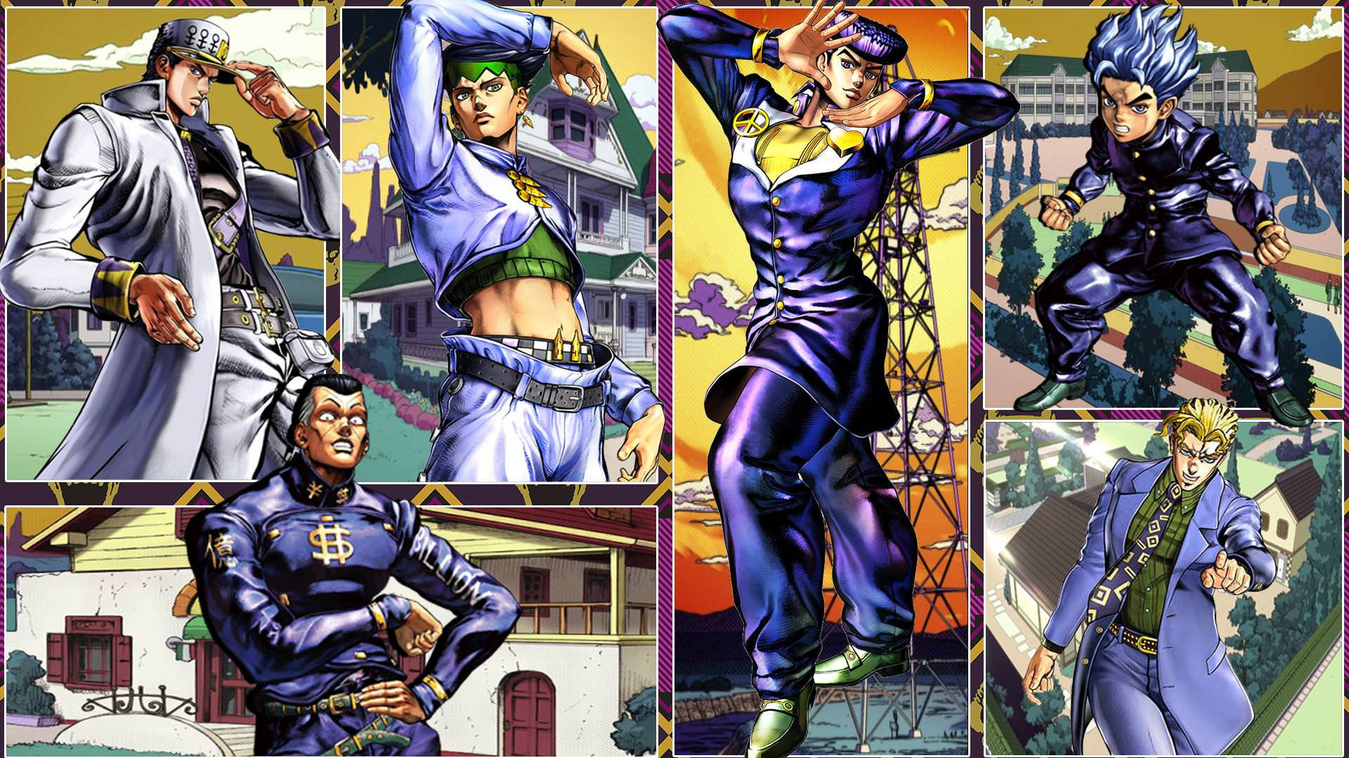 jojo 4K 桌布 壁紙 — 六個動漫角色以動態姿勢呈現，背景色彩繽紛，輪廓大膽，服裝鮮豔。
