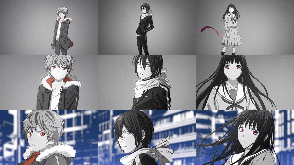 Noragami 桌布 壁紙 — 六個動漫角色以單色呈現，配以一個藍色城市景觀背景，展現多種表情和校服。
