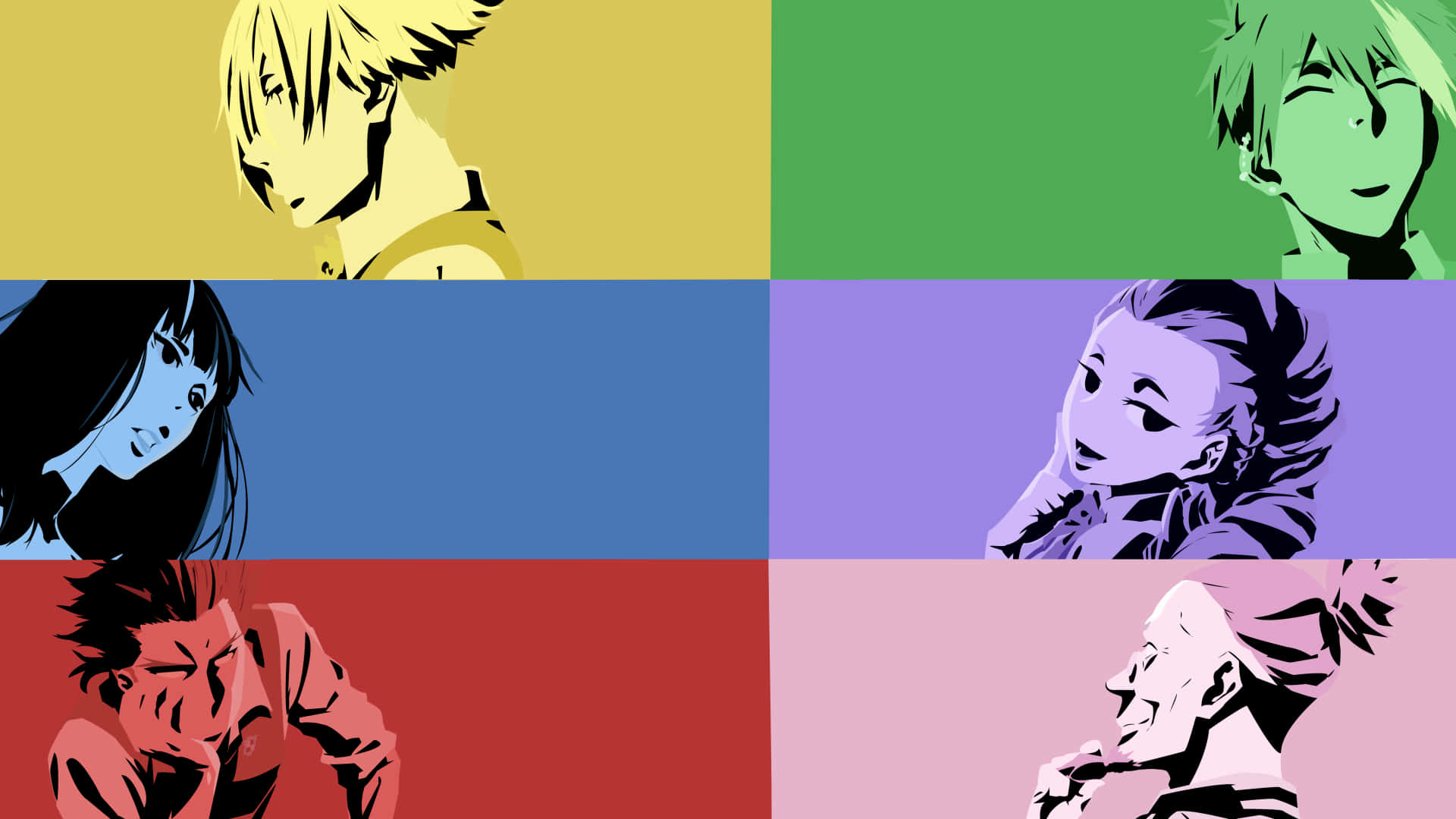 Death Parade 桌布 壁紙 — 六個動漫角色以鮮豔色彩面板呈現，每個都有獨特表情和風格化剪影。