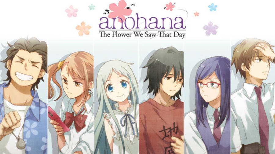 あの花 桌布 壁紙 — 六個動漫角色在帶有標題 Anohana 的花卉橫幅下一字排開。