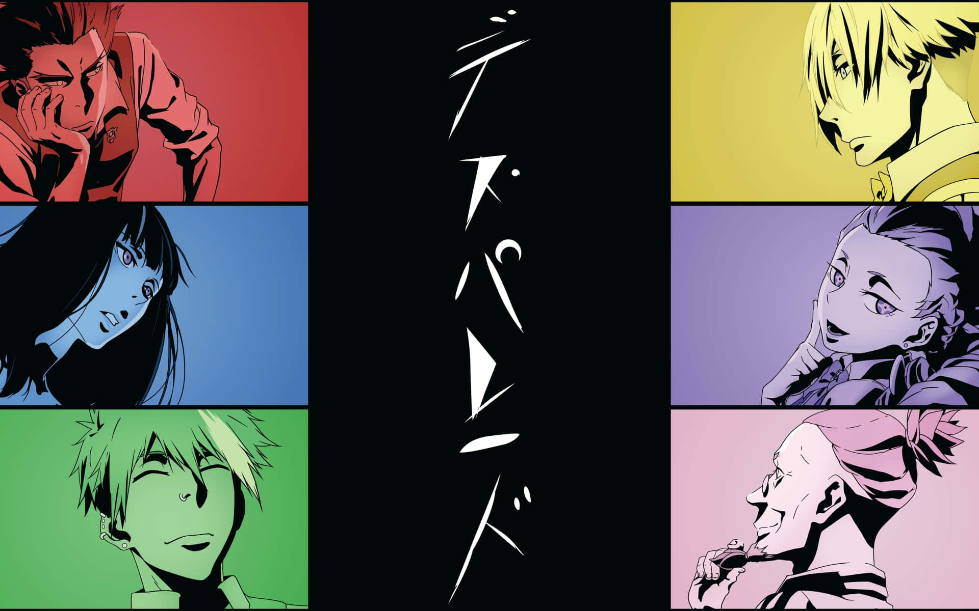 Death Parade 桌布 壁紙 — 六個動漫角色在色彩鮮豔的面板中，帶有風格化的表情和粗黑輪廓，背景為黑色。