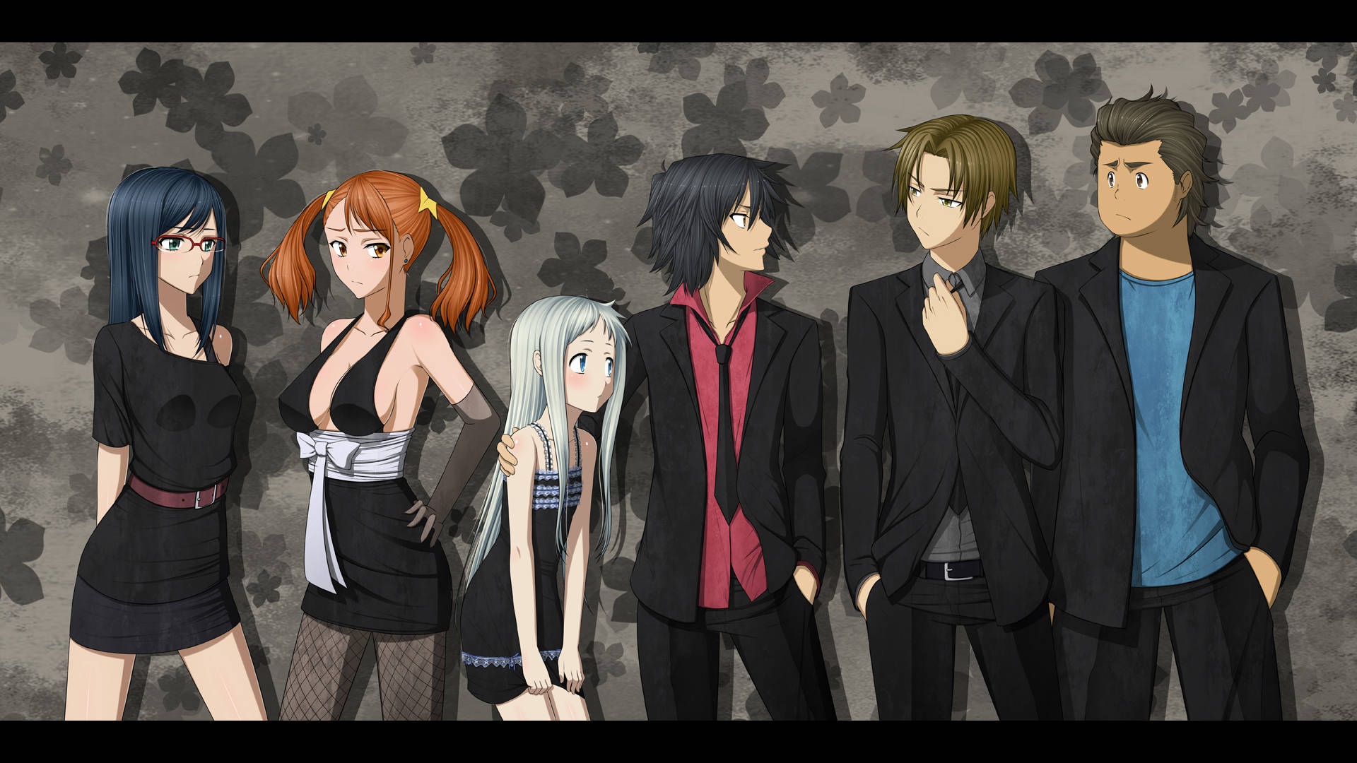 Anohana 桌布 壁紙 — 六個動漫角色排成一排，站在灰色花卉牆前，穿著時尚的黑色和深色服裝。