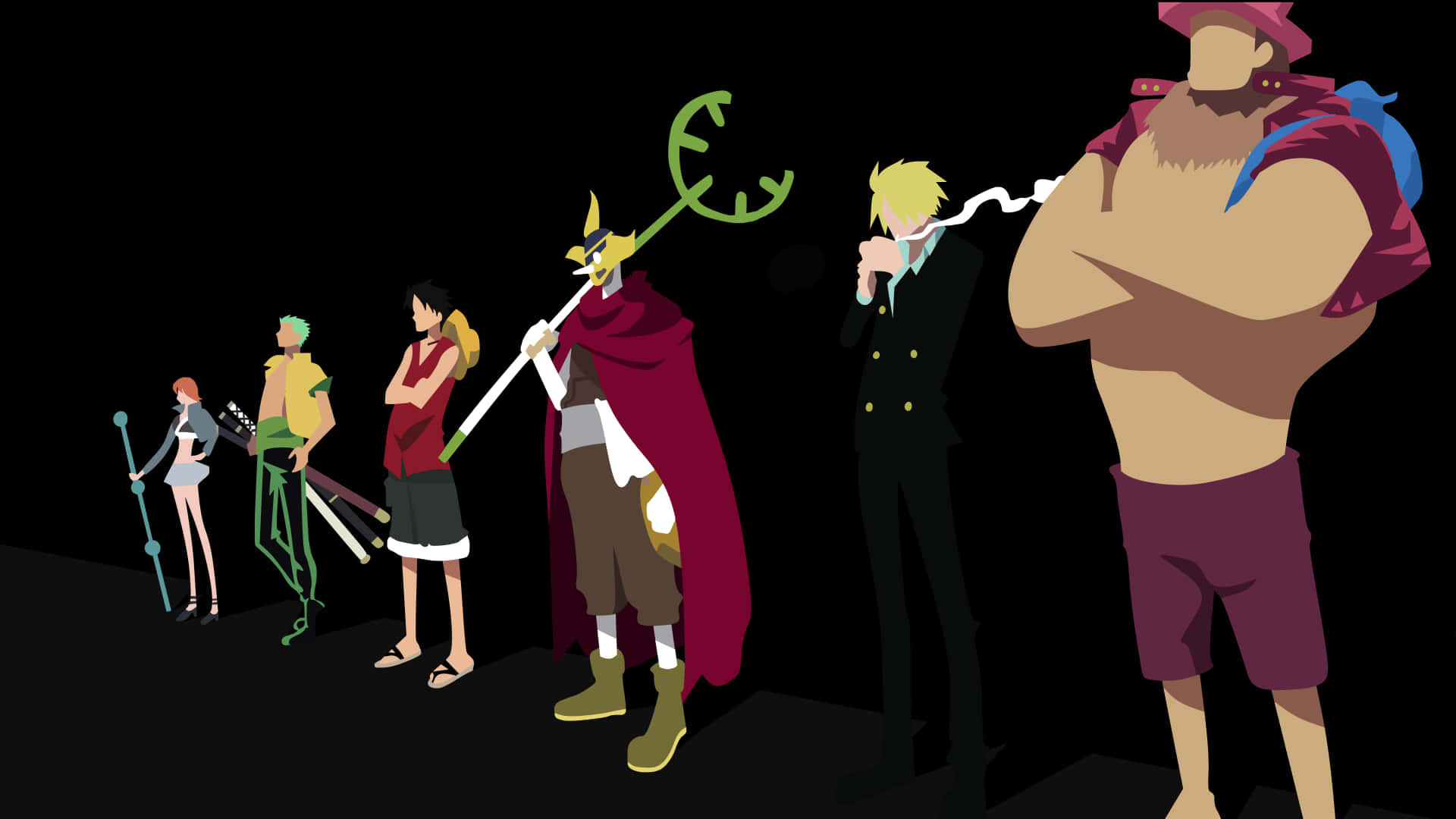 One Piece 5K 桌布 壁紙 — 六個動漫角色排成一排，背景為黑色，每個角色都有獨特的服裝和武器。