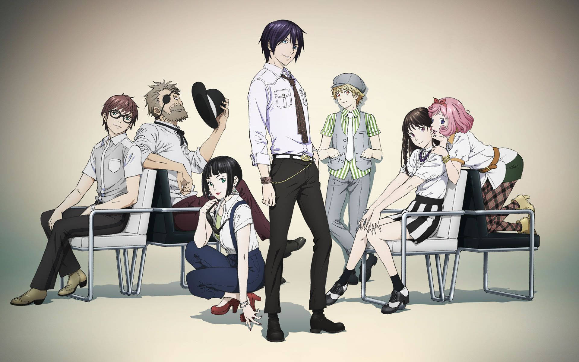 Noragami 桌布 壁紙 — 六個動漫角色穿著不同服裝，在純米色背景前，隨意地坐在現代椅子上面和周圍擺姿勢。