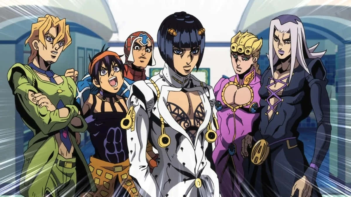 Golden Wind 桌布 壁紙 — 六個動漫角色穿著大膽服裝，自信地站在帶有發光藍線的未來感走廊中。