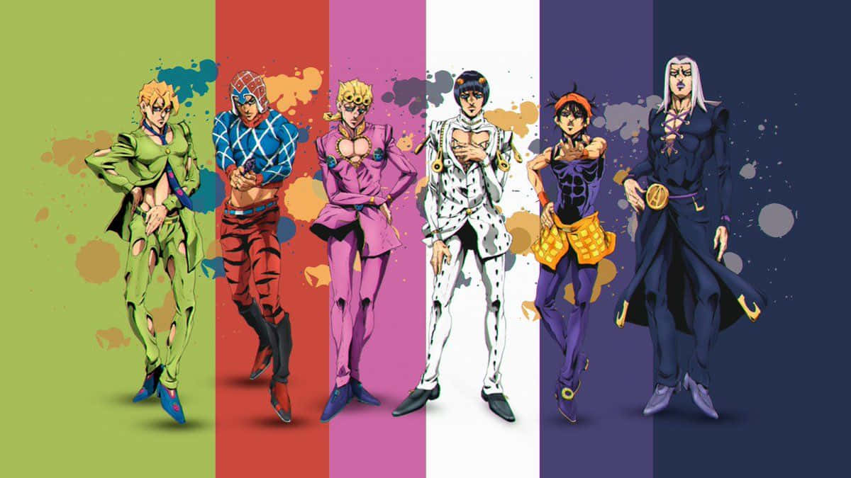 六個JoJo角色穿著獨特服裝，在彩色垂直條紋前擺姿勢。