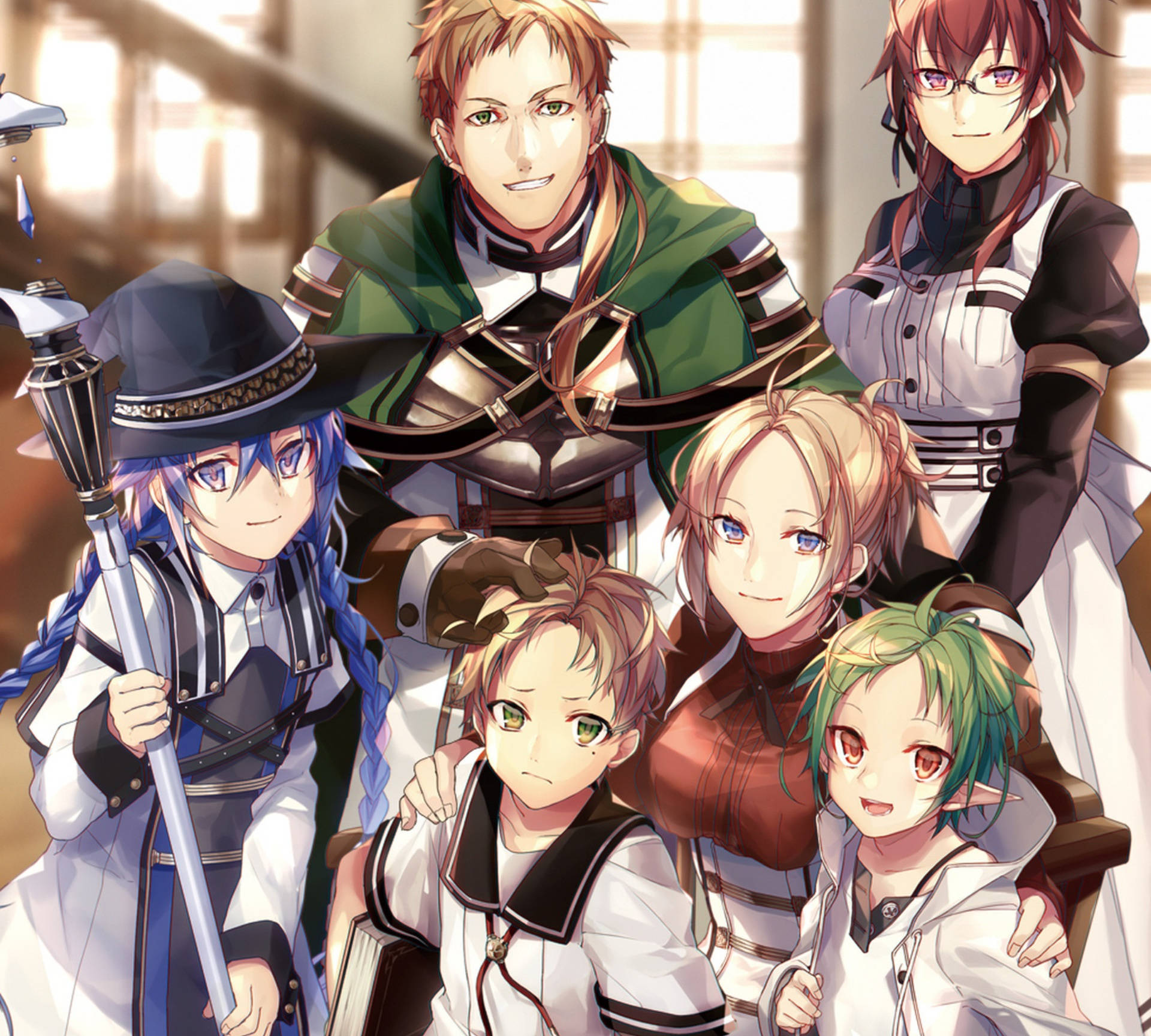 Mushoku Tensei 桌布 壁紙 — 六個動漫角色穿著奇幻服裝，在溫暖照明的室內環境中一起擺姿勢，背景帶有柔和散景。