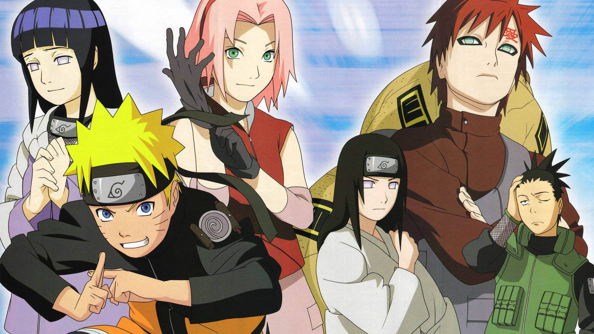 Neji 桌布 壁紙 — 六個動漫角色穿著忍者裝備，在明亮的藍天背景下動態擺姿勢。