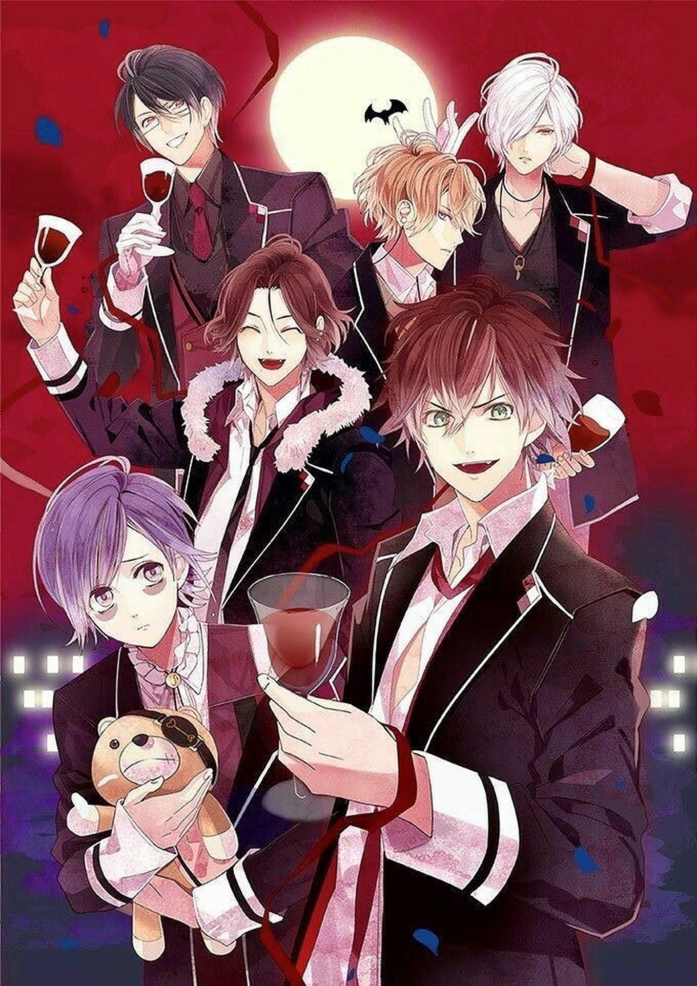 Diabolik Lovers 桌布 壁紙 — 六個動漫角色穿著正式服裝，在紅色背景襯托下，與滿月和蝙蝠一起舉杯祝酒。