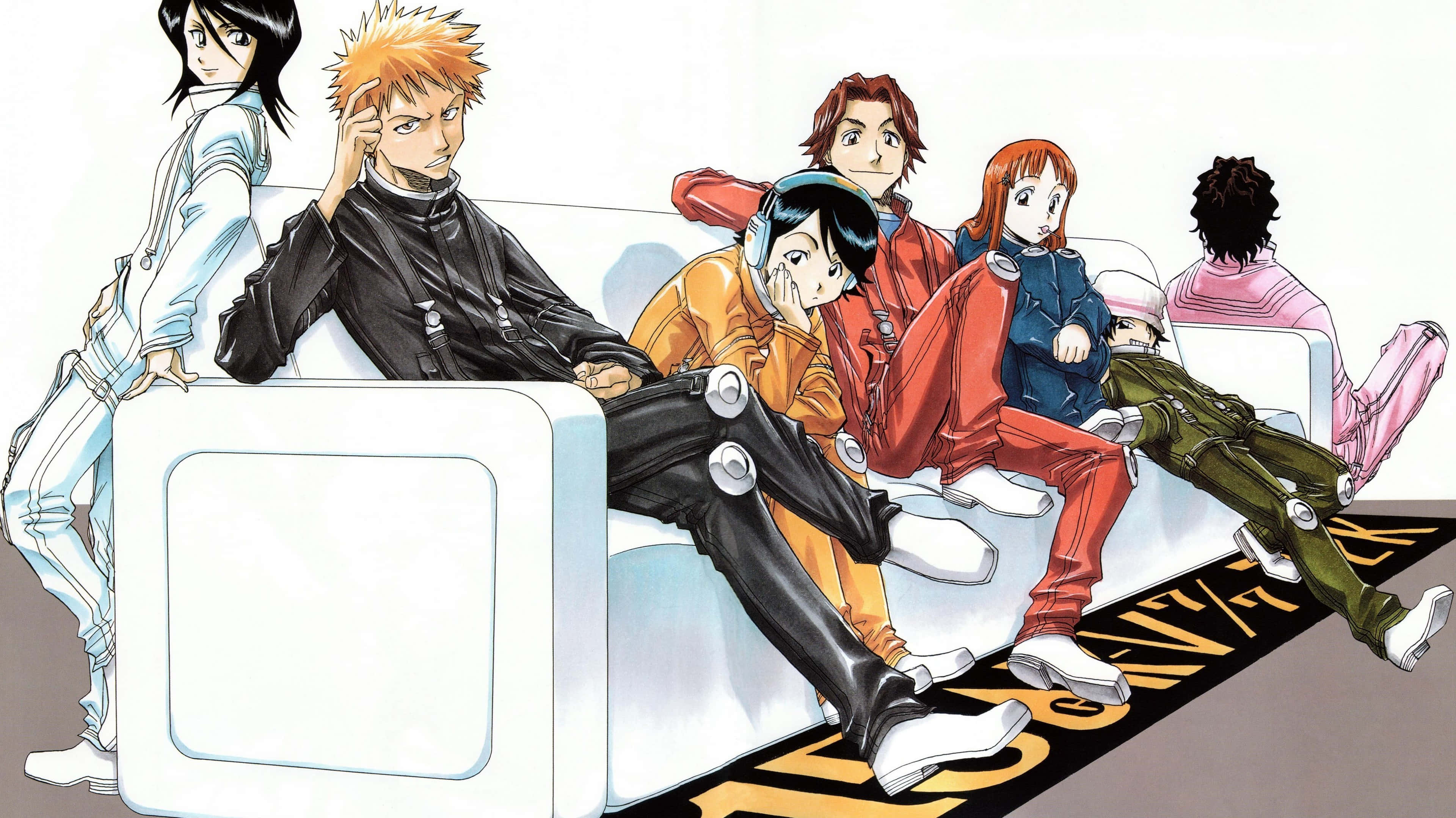 Orihime Inoue 桌布 壁紙 — 六個動漫角色穿著色彩繽紛的服裝，隨意地躺在一張白色沙發上，下方鋪著大膽的黑黃色地毯。