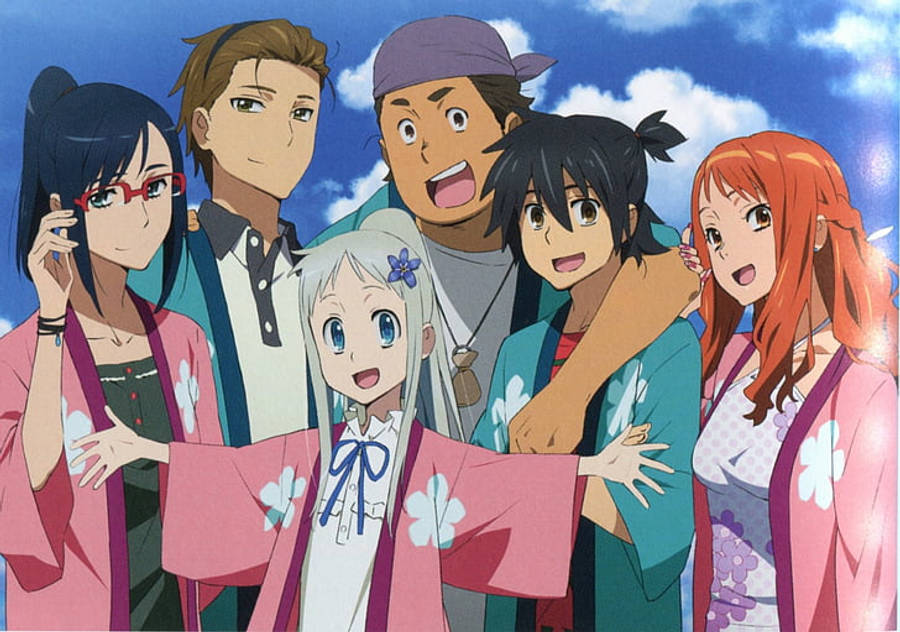 Anohana 桌布 壁紙 — 六個動漫角色穿著色彩繽紛的浴衣，在藍天白雲下愉快地擺姿勢。