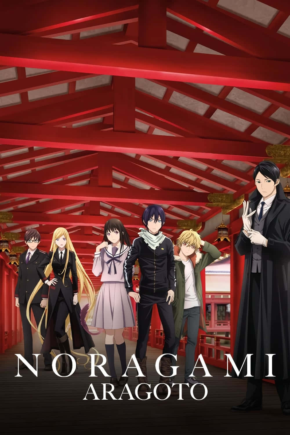 Noragami 桌布 壁紙 — 六個動漫角色站在一個鮮紅色的傳統日本神社屋頂下，屋頂有複雜的木樑。