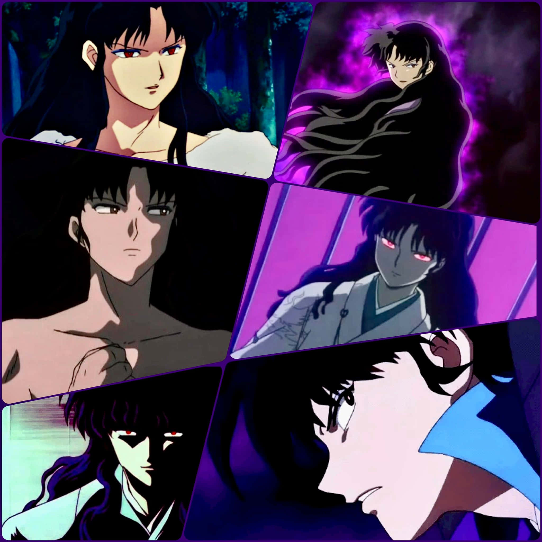 Naraku 桌布 壁紙 — 六個動漫角色肖像，採用深紫色和黑色色調，帶有發光的紅色眼睛和戲劇性的燈光。