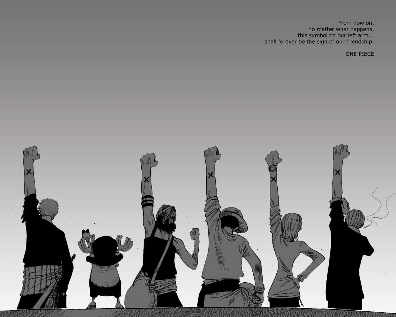 One Piece Manga 桌布 壁紙 — 六個動漫角色背對背站立，左臂上有X標記，舉起拳頭，背景是漸變灰色天空。