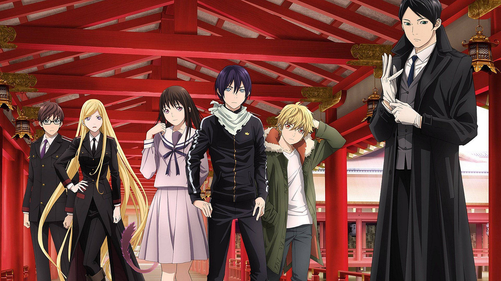 Noragami 桌布 壁紙 — 六個動漫角色自信地站在一個鮮紅色的傳統日本神社結構下。