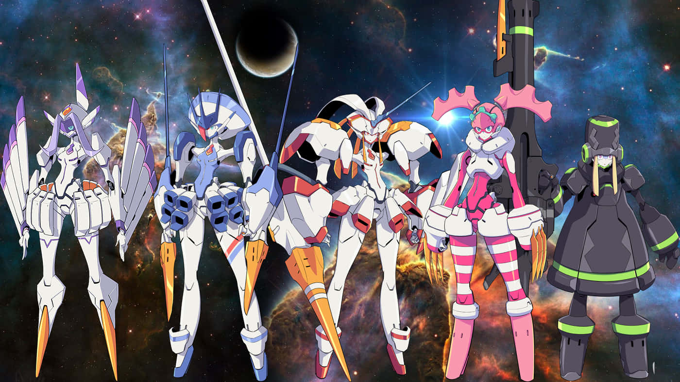 DARLING in the FRANXX 桌布 壁紙 — 六個動漫風格機甲和角色站在一個有星星和月亮在背後的宇宙星雲中。