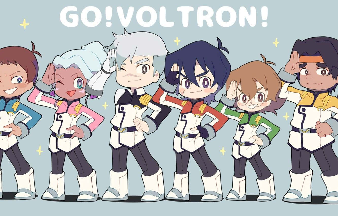動漫角色 桌布 壁紙 — 六個動漫風格的Voltron飛行員穿著色彩繽紛的制服，愉快地敬禮，上方有「GO! VOLTRON!」文字。