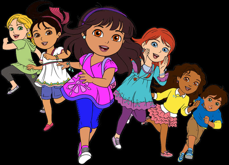 Dora 桌布 壁紙 — 六個動畫兒童穿著色彩繽紛的服裝，在黑色背景上以動態姿勢快樂地奔跑。