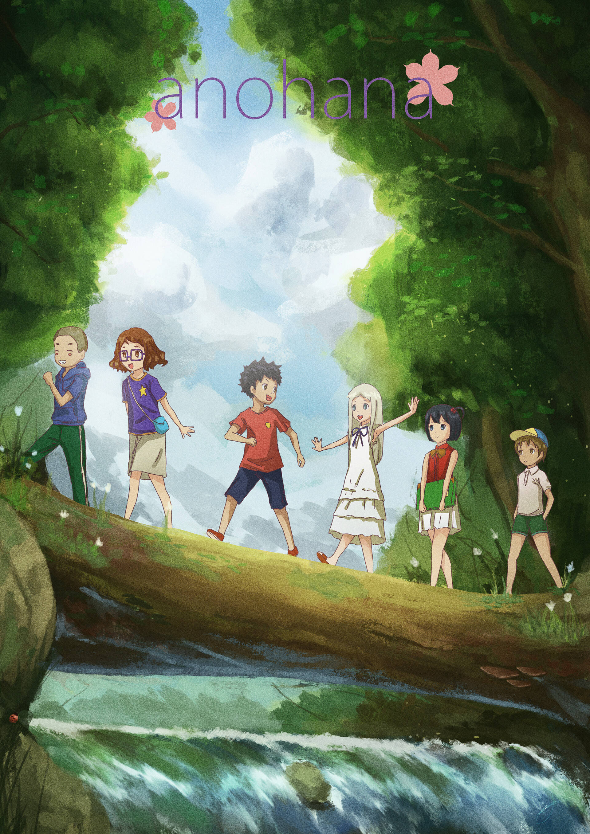 Anohana 桌布 壁紙 — 六個動畫小孩沿著一條長滿青苔的木頭走過湍急的小溪，周圍是茂密的綠樹和粉紅色的櫻花。